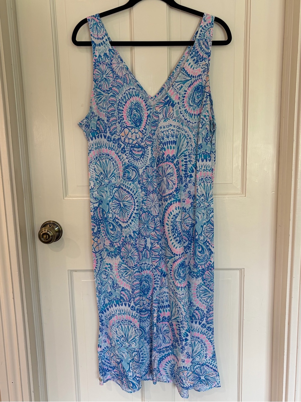 Lilly Pulitzer Blue Pink Printed Top with Gold Logo